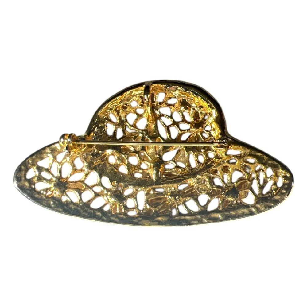 Vintage Enamel Gold Red Hat Society Red Outline Purple Bow Brooch Pin Pendant